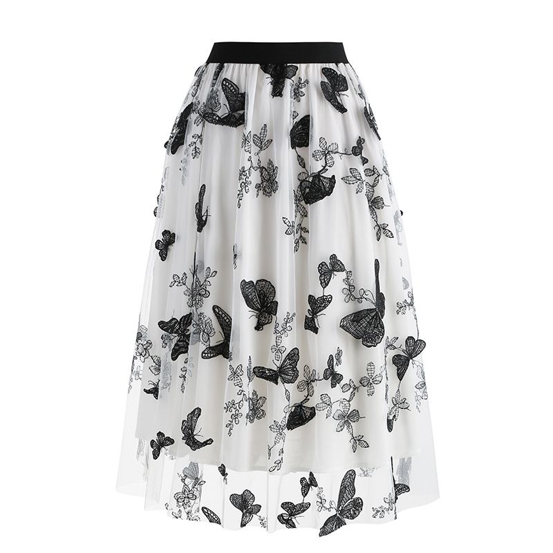 Women's Mesh Butterfly Embroidered Midi Skirt Best Selling Garment European And American Cross Border Trade Clothing_ecoleips.com