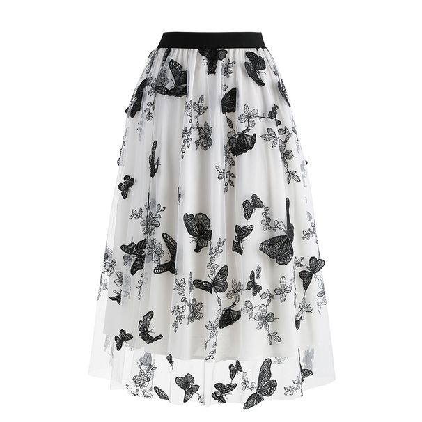 Women's Mesh Butterfly Embroidered Midi Skirt Best Selling Garment European And American Cross Border Trade Clothing_ecoleips.com