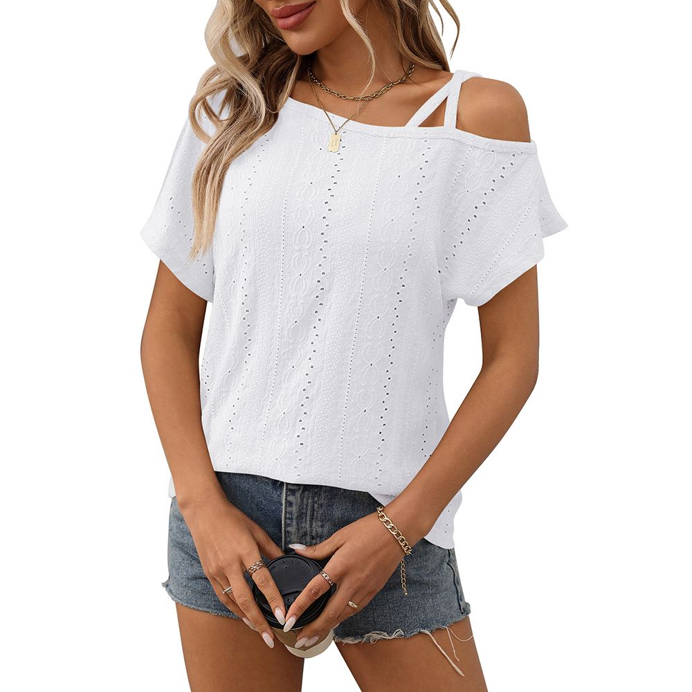 Summer New Arrival Women's Solid Color One Shoulder T-Shirt Short Sleeve Hollow Out Top American Style Clothing_ecoleips.com