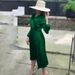Autumn Long Sleeve V Neck Pleated Skirt For Women Elegant And Stylish Solid Color Fashion Dress_ecoleips.com