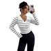 Women's American Style Striped Long Sleeve T-Shirt Slim Fit Knitted Base Layer Top for Europe And America_ecoleips.com