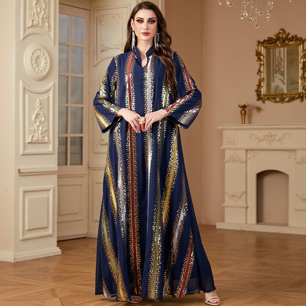 Women's Long Robe Dress Chiffon Embroidered Color Block Style 4170 Muslim Fashion_ecoleips.com