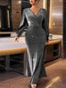 Women Plus Size LongSleeve VNeck Silver Glitter Knit Mermaid Maxi Dress Glam Sexy Summer Elegant Party NightOut Flattering Dress_ecoleips.com