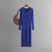 Autumn Winter V-neck Knitted For Women, Straight Slim Fit Long Sleeve Ribbed Split Hem Over-the-knee Sweater Dress_ecoleips.com