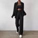 Women's Clothing Autumn And Winter Solid Color Button Cardigan Lapel Casual Fashion Two Piece Set_ecoleips.com