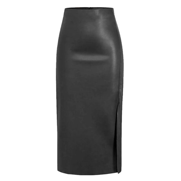 K PU Split Leather Skirt, High Waisted Zipper Half Skirt, Slim Fit, Hip Hugging Long Skirt For Women_ecoleips.com
