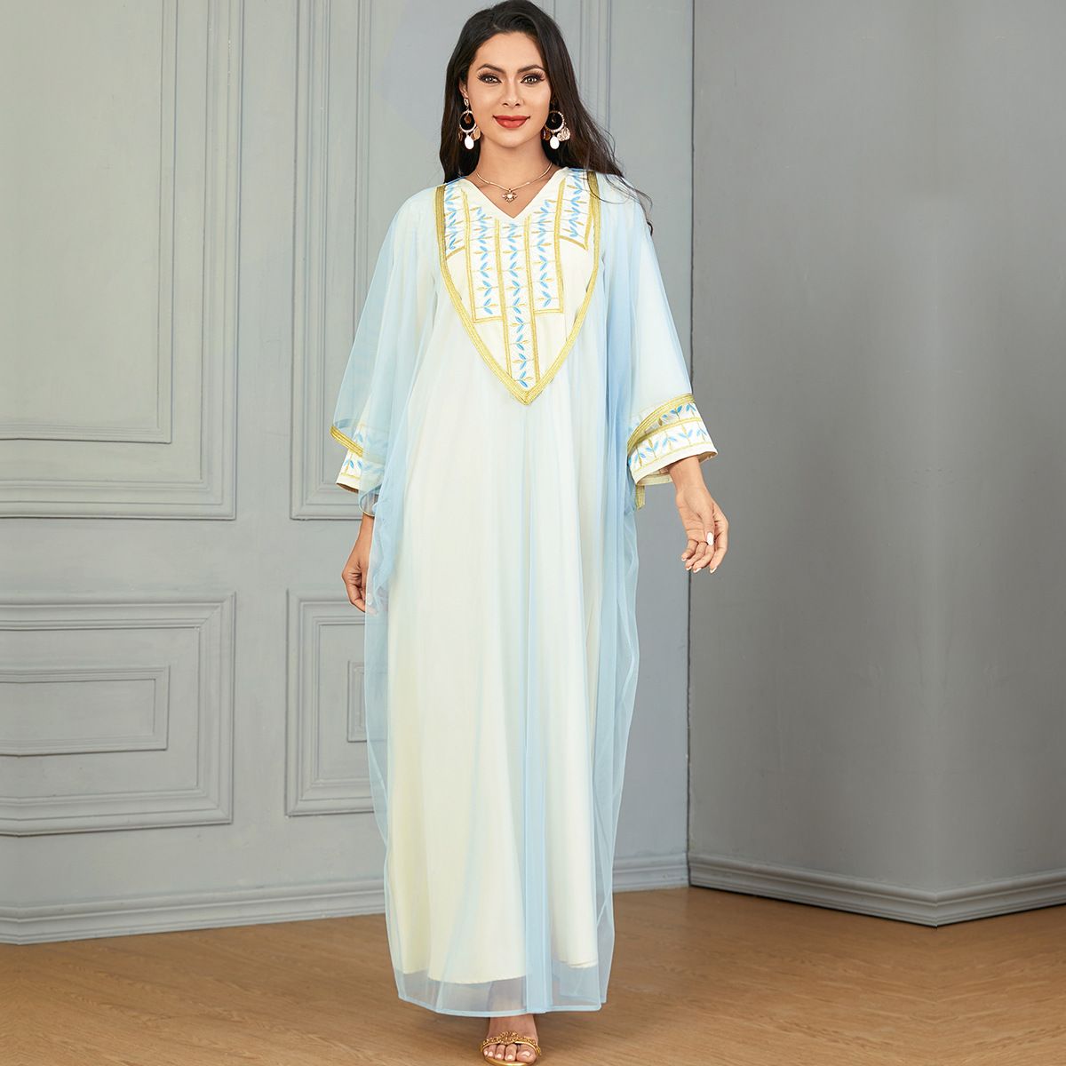 3676 Robe Women's Arab Clothing Embroidered Long V-neck Two-piece Set Dress_ecoleips.com