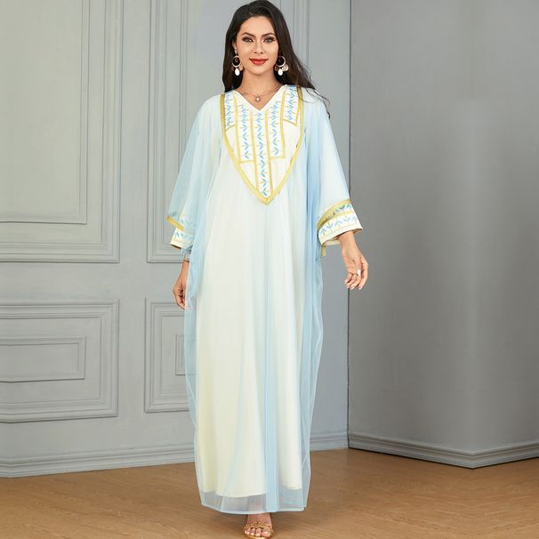 3676 Robe Women's Arab Clothing Embroidered Long V-neck Two-piece Set Dress_ecoleips.com