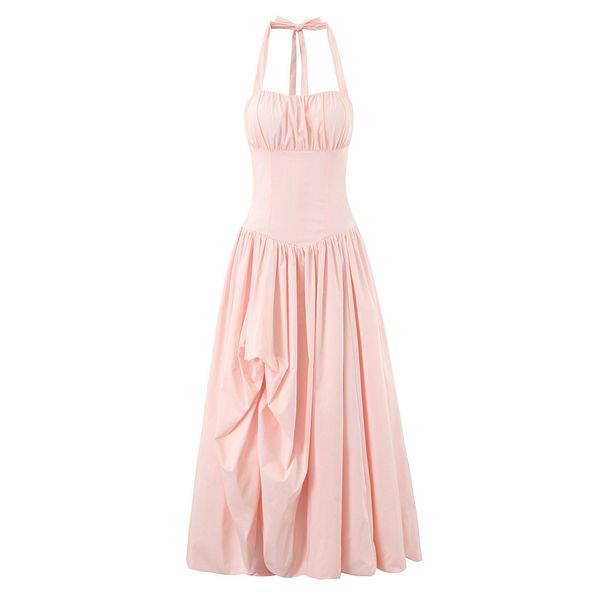 European And American High-Quality French Stunning Vacation Style Waist-Cinching Slimming Slit Fishbone Halter Princess_ecoleips.com