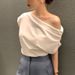 Korean Chic Women's Off-Shoulder T-Shirt Unique Irregular Design Loose Fit Solid Color Short-Sleeved Pullover Summer Top_ecoleips.com