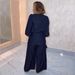 Women's Clothing Tie Strap Lantern Sleeve Shirt Wide Leg Pants Denim Two Piece Suit_ecoleips.com