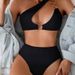 Solid Color Ribbed One-Shoulder Bikini Set – Adjustable Metal Buckle & Comfortable Fit (Stylish Swimwear For Women)_ecoleips.com