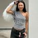 Women's Color Blocked Striped Off Shoulder T-Shirt American Style Slimming Versatile Top Summer New Arrival Fashionable_ecoleips.com