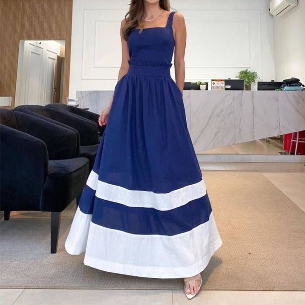 Women's Clothing Fashion Temperament Suspender Square Neck Splicing Medium And Long Dress_ecoleips.com