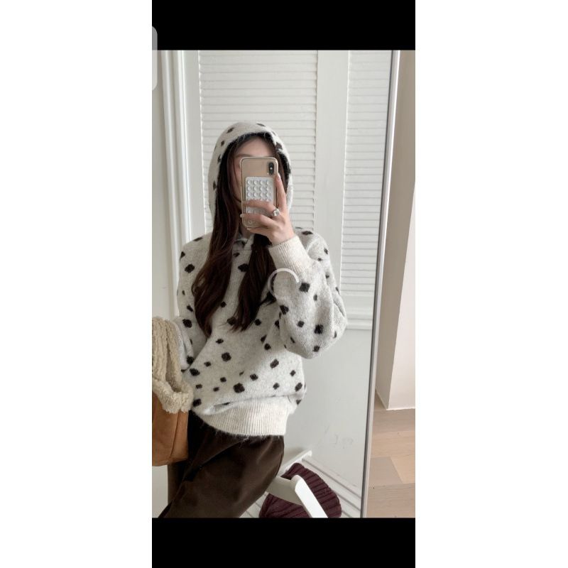 Winter Korean-Inspired Relaxed Knit Sweater With Lazy Checkered Polka Dots And Hood, Versatile And Easy To Style For Wom_ecoleips.com