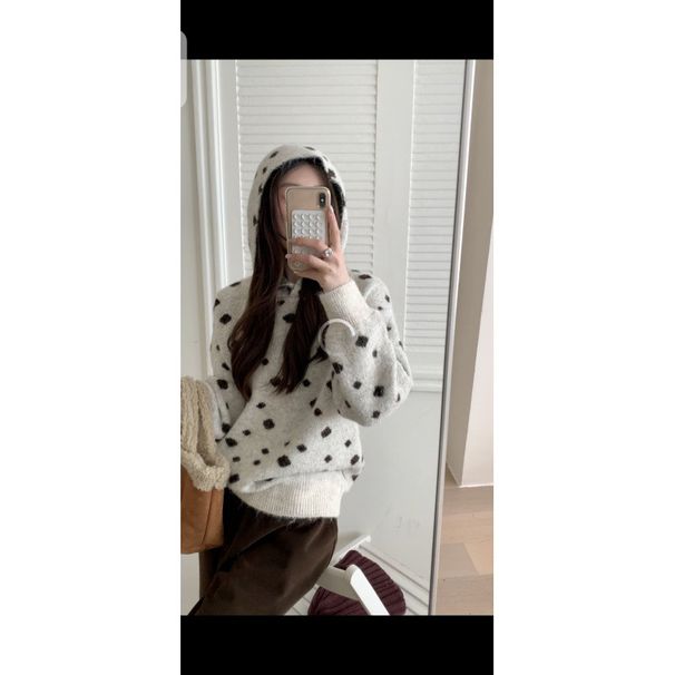 Winter Korean-Inspired Relaxed Knit Sweater With Lazy Checkered Polka Dots And Hood, Versatile And Easy To Style For Wom_ecoleips.com