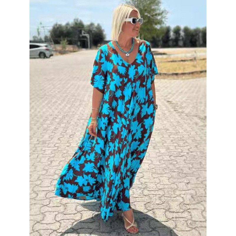 V-Neck Short Sleeve Casual Loose Women's Dress_ecoleips.com