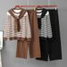 Women's Autumn Winter Fashion Knitted Set with Scarf Sweater And Wide Leg Pants Striped Casual Two-Piece European American Style_ecoleips.com