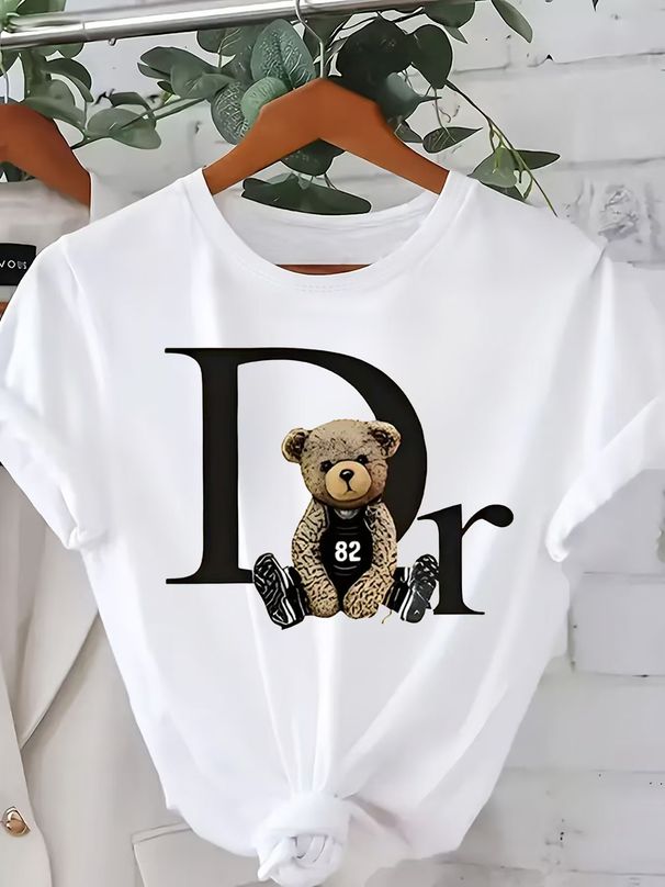 Summer Women's T-Shirt Original Design Fashion Letter Cartoon Bear Printed Women's Casual Crew Neck Short Sleeved Tops_ecoleips.com