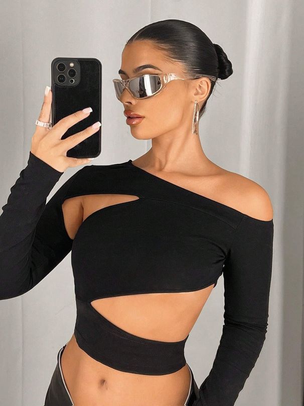 Voya Women's 2026 Spring/Summer New Collection European And American Ins Style T-shirt Irregular Slant Neck Off Shoulder Long Sleeve Top_ecoleips.com