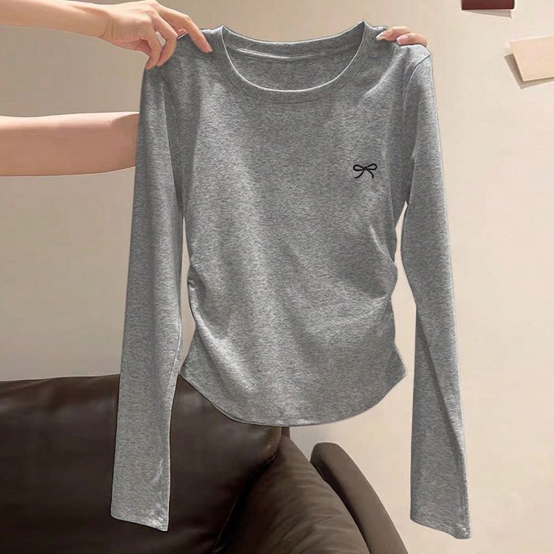 Women's Long Sleeve T-Shirt Spring Autumn Solid Color Round Neck Pullover Waist Pleated Top_ecoleips.com