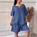 Women's Clothing Summer New Women's 2 piece Set Large Size Cotton and Linen Shirt Set High Waist Loose Shorts_ecoleips.com