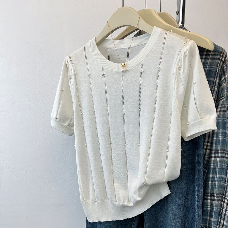 Women's Beaded Crew Neck Knit Sweater Openwork Design Gentle Style Summer_ecoleips.com