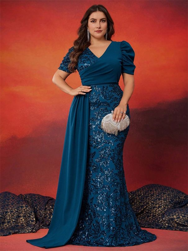 Elegant Plus Size Sequin Embellished V-Neck Short Sleeve Cocktail Party Dress For Women_ecoleips.com