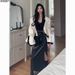 High-End Collar Blazer Women Black And White Patchwork Casual Suit Split Leather Skirt Two-Piece Set_ecoleips.com