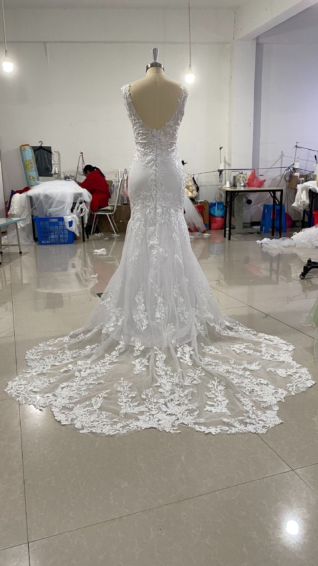 Women's Clothing Wedding Dress Summer New Style Deep Collar Hollow Fishtail Water Soluble Lace Trailing Wedding Dress_ecoleips.com