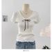 Women's Clothing Sweet And Cute Bow Tie Hollow Short Sleeved Knitted Sweater Slimming Tops_ecoleips.com