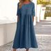 Summer Cotton Linen Blend Casual Dress Women's round Neck Short Sleeve Pocket Detail Pleated Loose Fit Independent Station Design 2025_ecoleips.com