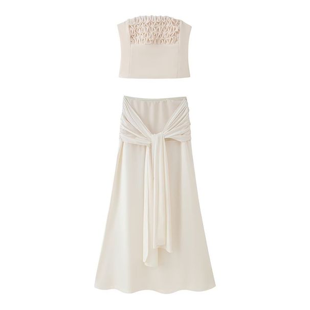 Women's Sexy Elegant Vacation Style Set Ruched Tube Top Twisted Skirt_ecoleips.com
