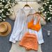 Women's Elegant Three Piece Bikini Set Resort Style Summer Orange Floral Dress with Sun Protection Cardigan Hot Girl Swimwear_ecoleips.com