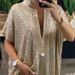 Women's Glitter V-Neck Blouse – Oversized Short-Sleeve Top With Sparkle Details, Elegant & Chic_ecoleips.com