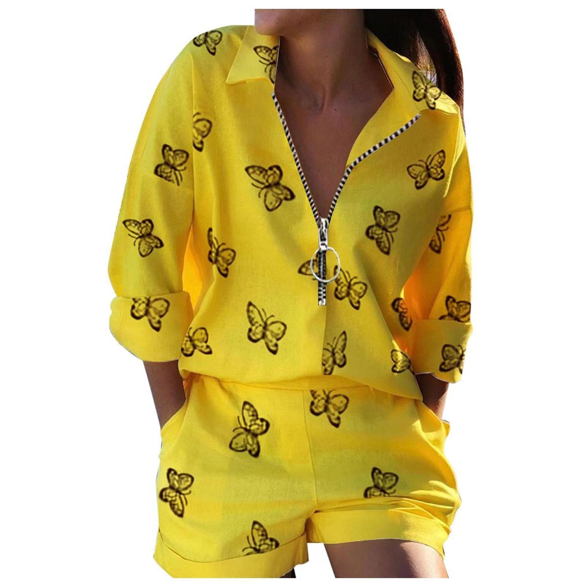 Women's Casual Long Sleeve Shirt And Shorts Set Printed Vacation Style Zipper Closure Clothing_ecoleips.com