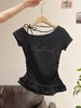 Korean Ballet Style Splice Hem Rhinestone Letter Short Sleeve Women's Summer New Slant Collar Shoulder Exposure Slim Fit Top_ecoleips.com