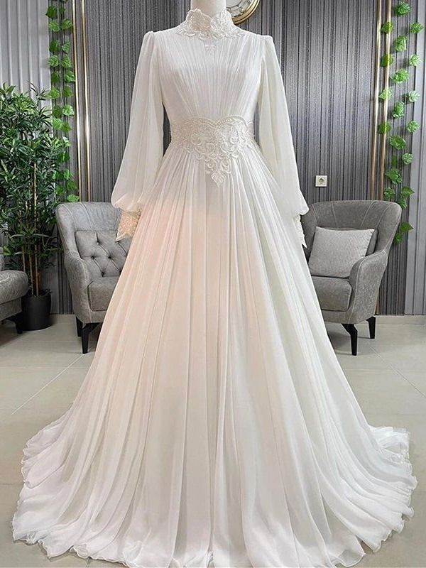 Women's Clothing Elegant Modest Muslim Wedding Dress With High Neck & Long Sleeves – Ivory White Chiffon Gown For Brides (US2-US16)_ecoleips.com