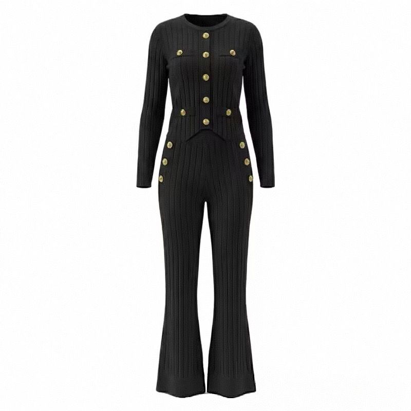 Inspired Women's Summer Two Piece Set Slim Fit Knitted Collar Vest With Metal Buckle And High-Waisted Wide Leg Pants_ecoleips.com