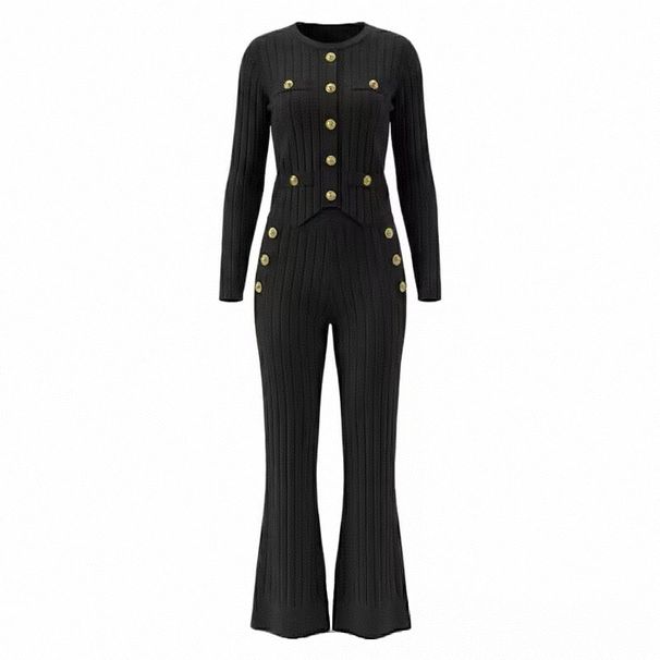 Inspired Women's Summer Two Piece Set Slim Fit Knitted Collar Vest With Metal Buckle And High-Waisted Wide Leg Pants_ecoleips.com