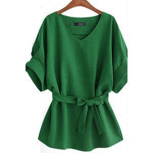 Women's V-neck Short-Sleeved Linen Shirt Batwing Sleeve Loose Fit Casual Cotton Top For Summer_ecoleips.com