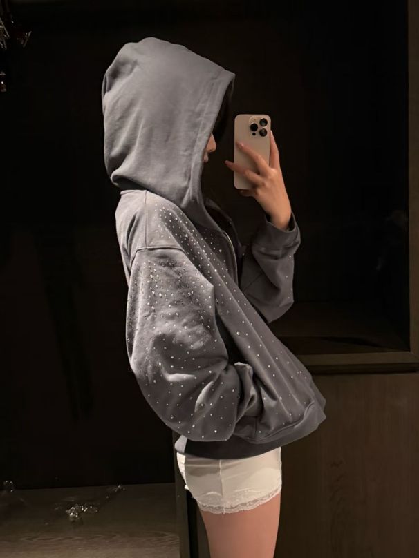 Oversized Zip Up Hoodie Sparkling Rhinestone Starry Sky Design Casual Elegant Trendy Sweatshirt For Spring/Autumn_ecoleips.com