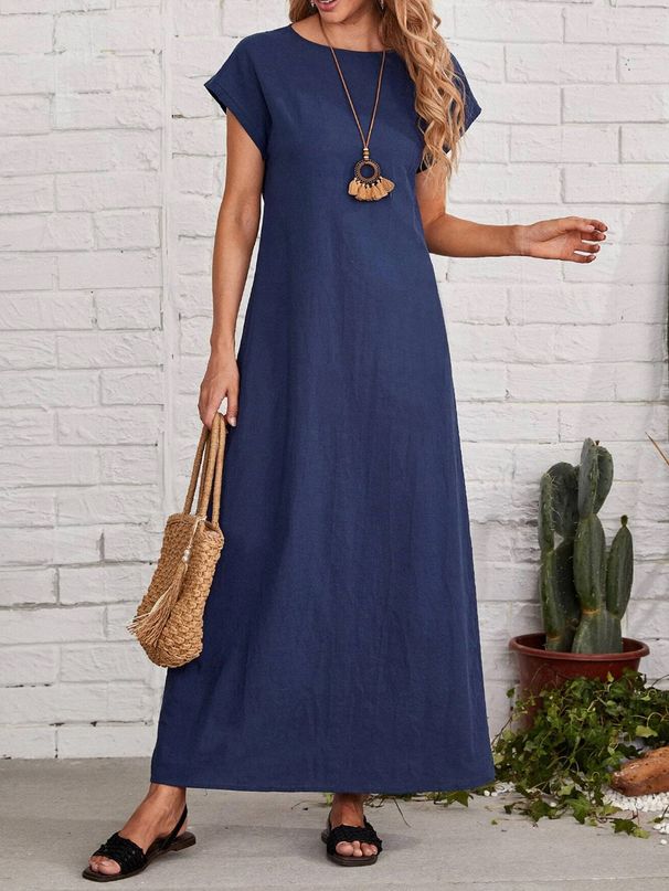 Women's Clothing Summer New Simple Style Women's Round Neck Short Sleeve Loose Casual Long Solid Color Dress_ecoleips.com