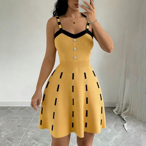 Button Front Knit Sweater Dress Women's Contrast Strap V-Neck A-Line Midi Skater Dress Casual Summer Daily Party Knitted Dress_ecoleips.com