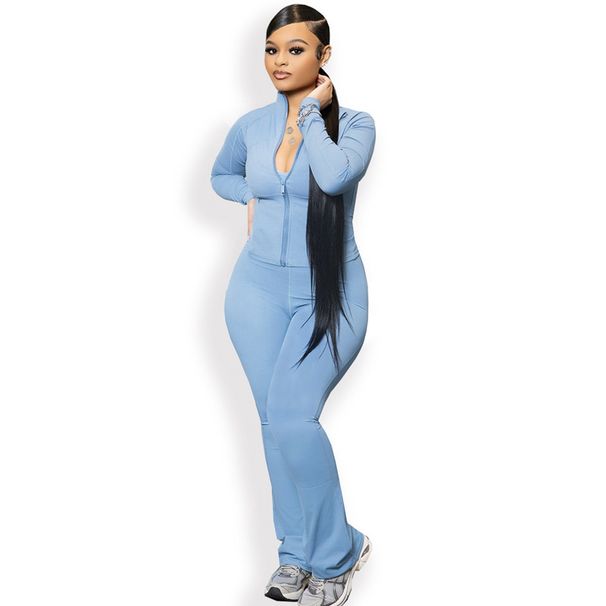 Women's Clothing Fashion Solid Color Pocket Cardigan Jacket Casual Jumpsuit Sports Two Piece Suit_ecoleips.com