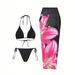 Women's Sexy Lily Print Bikini Cover up Jacket Three Piece Set European American Style Swimsuit Wire Free Chest Pad Regular Size_ecoleips.com