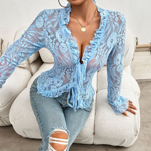Women's Clothing Spring And Summer Sexy Slim Long Sleeved Lace Tops_ecoleips.com