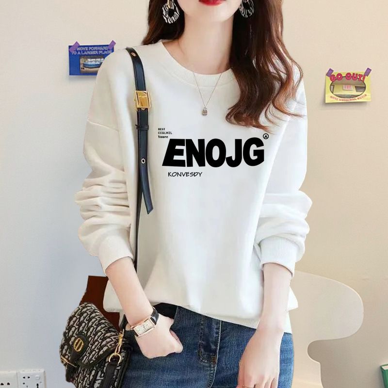 Women's round Neck Pullover Printed Base Layer Sweatshirt Fleece Lined Thickened Pure Cotton Top Korean Style Trendy Coat for Autumn Winter_ecoleips.com