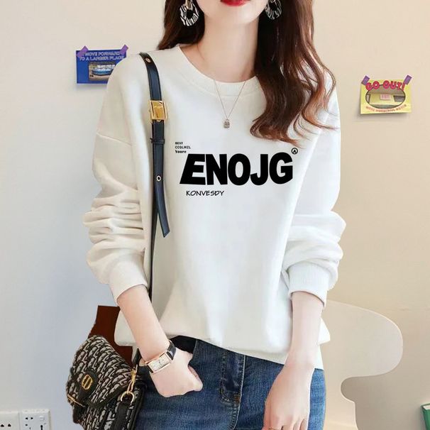 Women's round Neck Pullover Printed Base Layer Sweatshirt Fleece Lined Thickened Pure Cotton Top Korean Style Trendy Coat for Autumn Winter_ecoleips.com