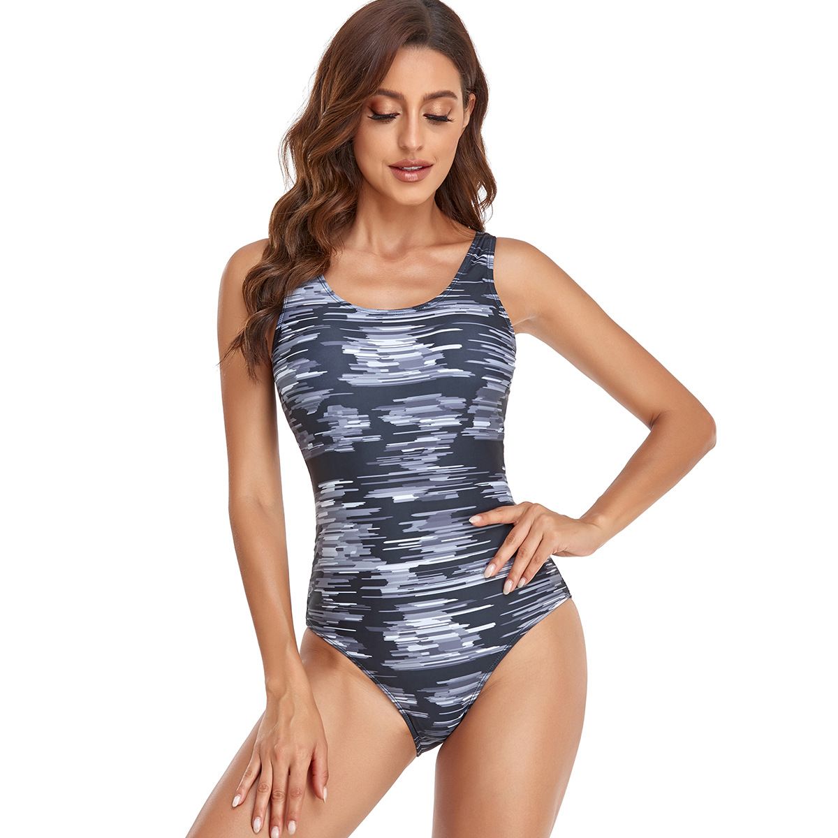 Women's Conservative Vest Style Swimsuit Printed One Piece Sports Swimwear European American Design_ecoleips.com